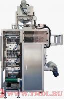 Упаковочный станок с двухрядной подачей и четырёхсторонней запайкой пакетов (для фасовки жидкого шампуня в пробники)