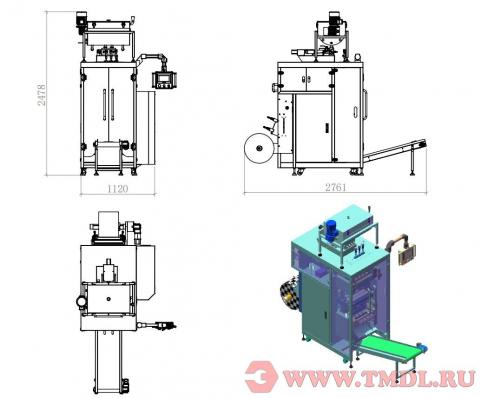 Упаковочный станок с двухрядной подачей и четырёхсторонней запайкой пакетов (для фасовки жидкого шампуня в пробники)