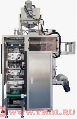 Упаковочный станок с двухрядной подачей и четырёхсторонней запайкой пакетов (для фасовки жидкого шампуня в пробники)