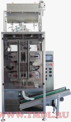 Упаковочный станок с двухрядной подачей и четырёхсторонней запайкой пакетов (для фасовки жидкого шампуня в пробники)